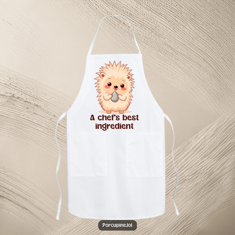 Funny apron featuring a happy porcupine presenting a single, shiny pebble, perfect for adding warmth to cooking.