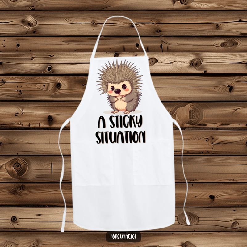 Funny apron featuring a porcupine comically tangled in its own quills, looking surprised, perfect for adding humor to cooking.