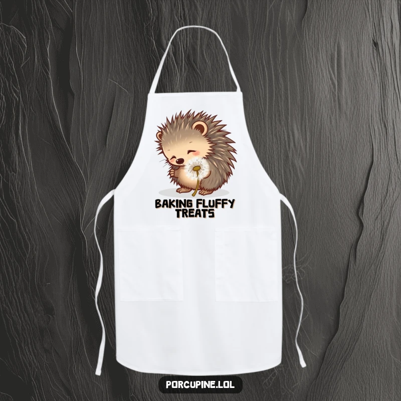 Funny porcupine apron showing a porcupine playfully poking a dandelion puff, ideal for lighthearted cooking.
