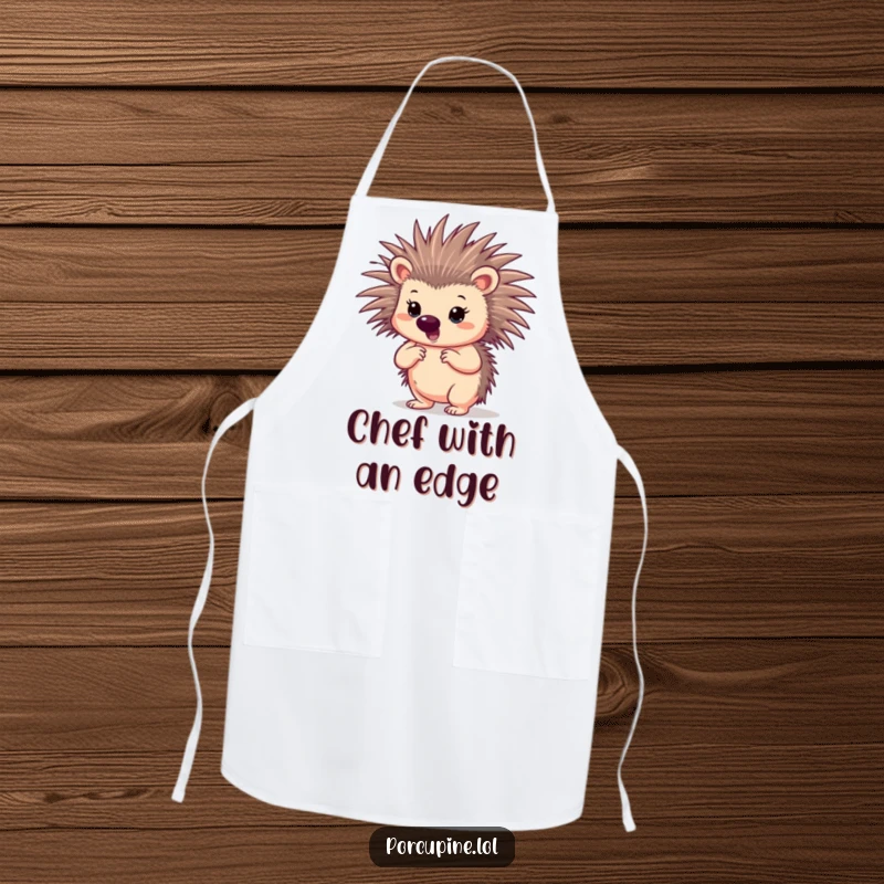 Funny confident porcupine apron featuring a porcupine striking a bold pose with spread quills, promoting kitchen confidence.