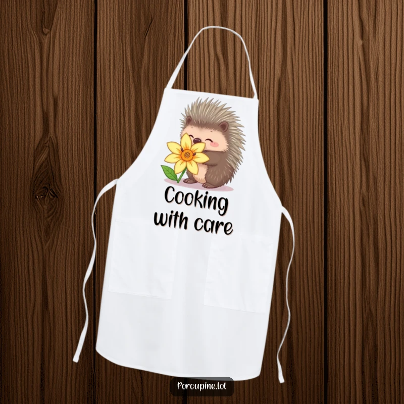 Funny porcupine apron showing a porcupine with quills pulled in, attempting a hug with a flower, ideal for gentle cooking.
