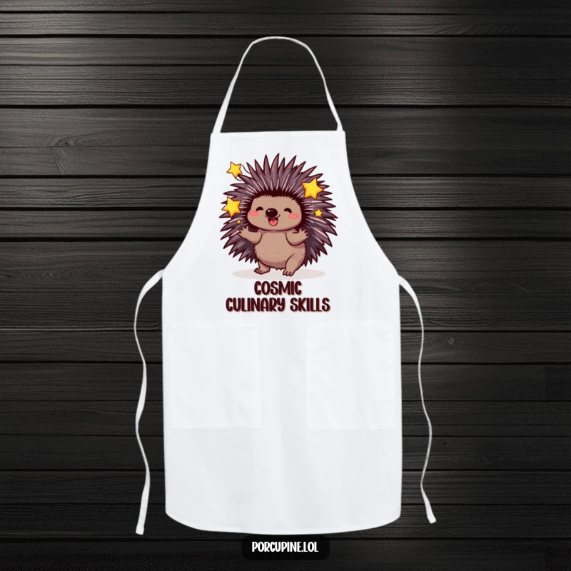 Funny Porcupine Apron: Porcupine with quills extended playfully juggles sparkling stars, perfect for a funny and magical chef.