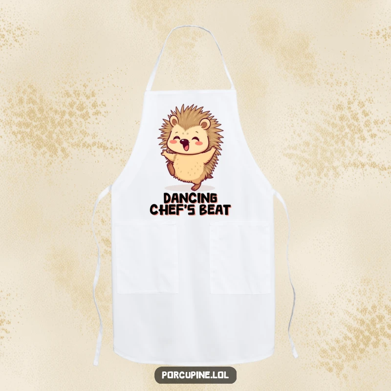 Funny Apron showing a porcupine performing a lively dance, its hind legs kicking with enthusiasm, while preparing a delicious meal.