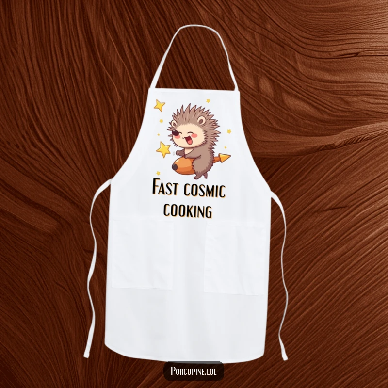 Funny Porcupine Apron: Porcupine giggling while riding a shooting star, perfect for a funny and adventurous chef.