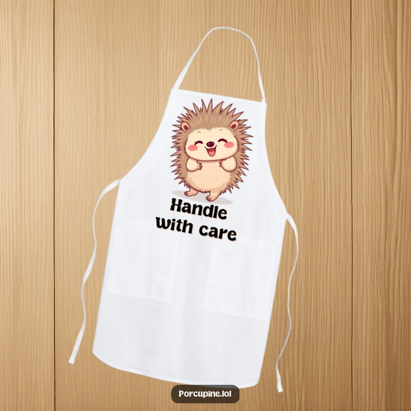 Funny apron featuring a porcupine doing a happy dance with wiggling quills, ideal for kitchen fun and bringing humorous energy to cooking.