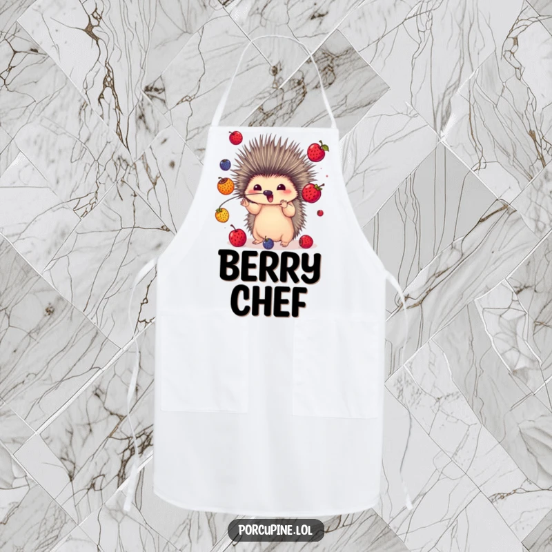 Funny apron illustrating a porcupine juggling colorful berries with its quills, perfect for cooks who enjoy playful and artistic designs.