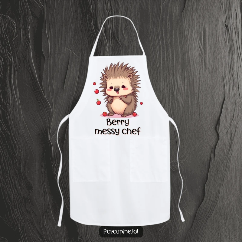 Funny Kawaii Porcupine Apron: Cute cartoon porcupine juggling small berries, perfect for protecting clothes with a smile during cooking.
