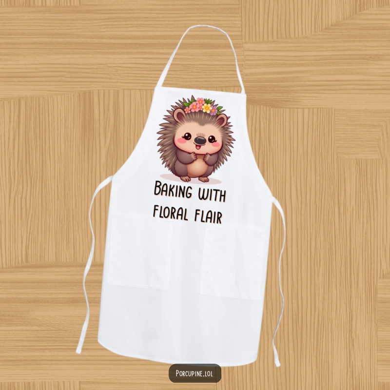 Funny Kawaii Porcupine Apron: A cute porcupine sporting a flower crown looks pleased, ready for kitchen tasks with its prickly charm and floral grace.
