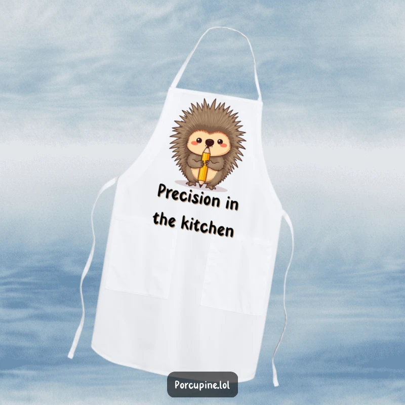 Funny apron showing a porcupine with intense focus balancing a pencil on its nose, ideal for creative endeavors.