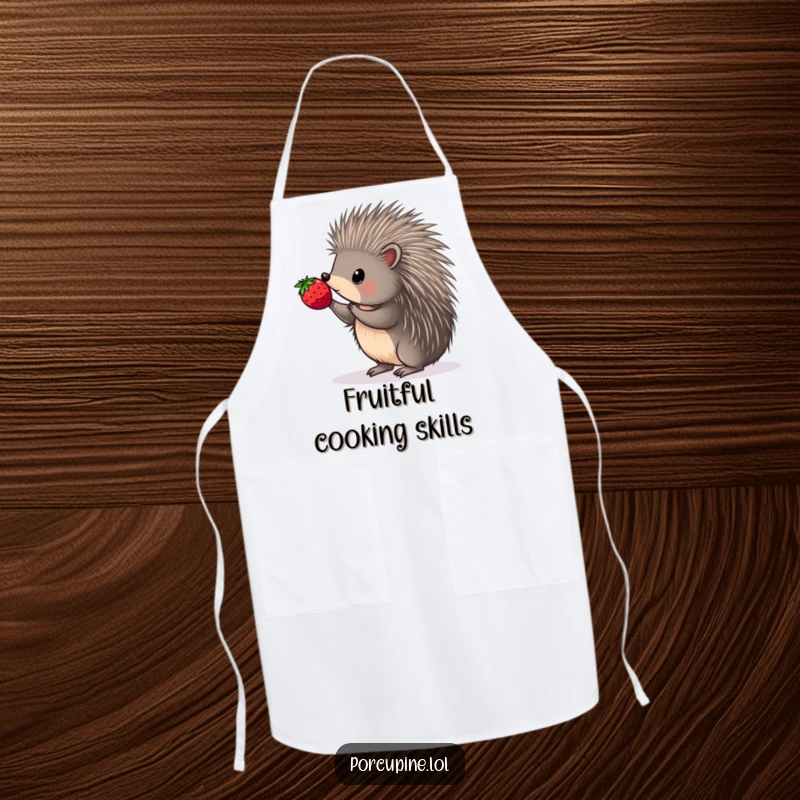 Funny apron featuring a porcupine with great dexterity, balancing a berry on the sharp point of a quill.