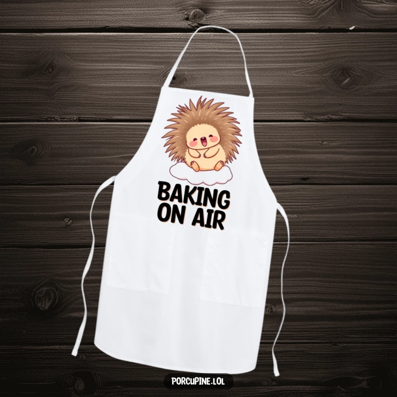 Funny Porcupine Apron: Cute porcupine joyfully bouncing on a cloud, perfect for a funny and happy chef.
