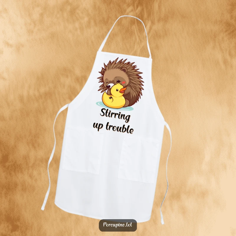 Funny apron with a porcupine playfully poking a rubber ducky, ideal for adding humor to cooking and baking tasks.