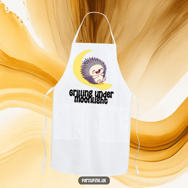Funny apron depicting a porcupine gleefully sliding down a moonbeam, designed for kitchen fun and whimsical culinary creations.