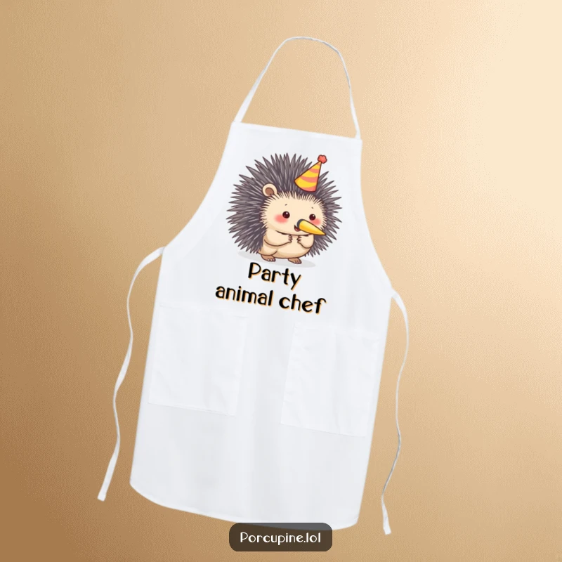 Funny porcupine apron with a detail of a porcupine in a party hat blowing a horn, ideal for festive cooking.