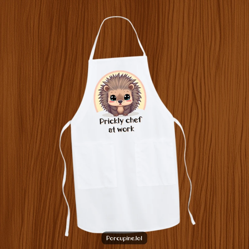 Funny apron showing a wide-eyed porcupine peeking through a vibrant rainbow, designed for kitchen fun and humorous cooking sessions.