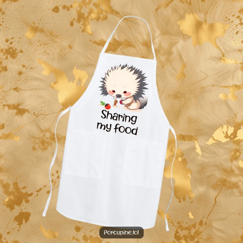 Funny apron illustration of a porcupine sharing a berry with a small ant, adding a humorous and kind touch to kitchen duties.