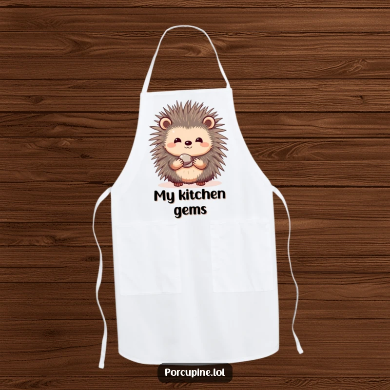 Funny apron featuring a shy porcupine with a sweet smile, holding out a small, shiny pebble.