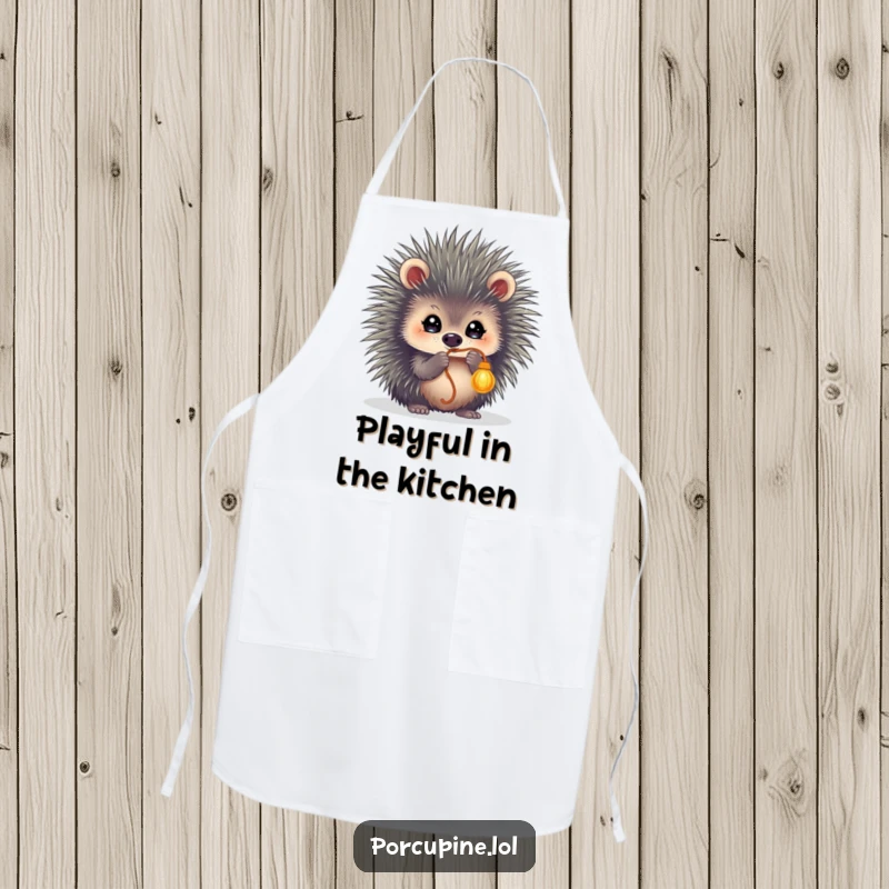 Funny apron featuring a porcupine with sparkling eyes, playfully batting at a dangling string, perfect for adding amusement to cooking.
