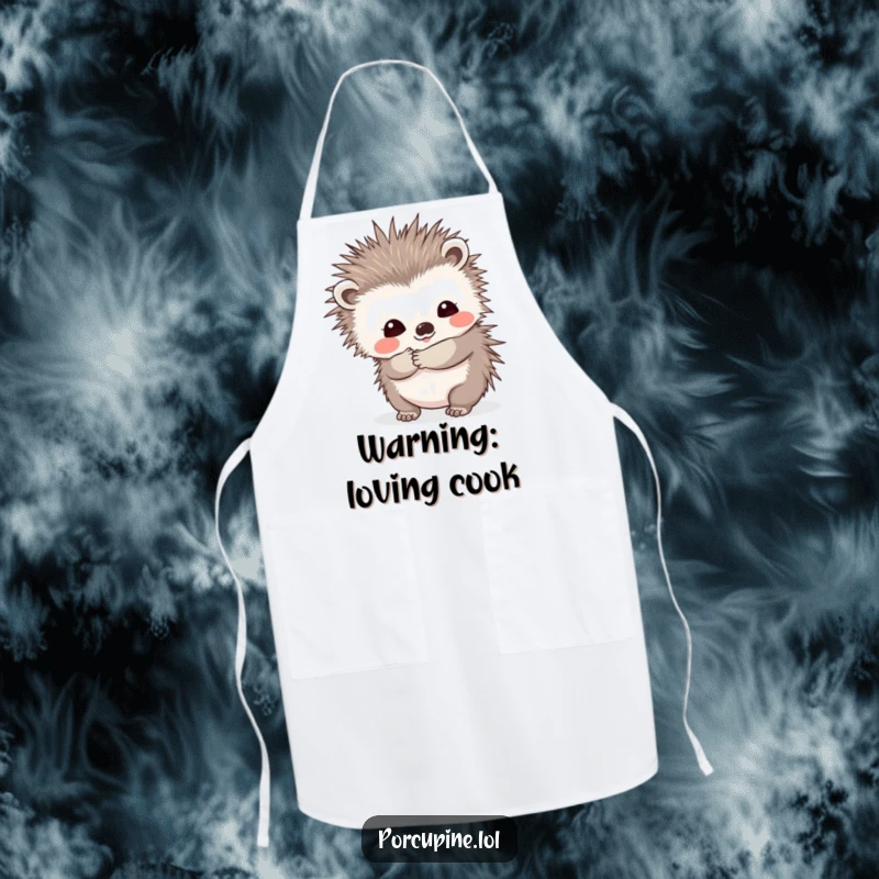 Funny apron featuring a porcupine offering a prickly hug with a shy smile, ideal for kitchen activities and adding a humorous, affectionate touch.