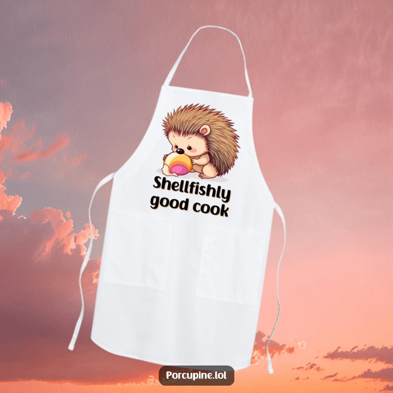 Funny seashell porcupine apron showing a porcupine curiously inspecting a seashell, perfect for kitchen adventures and coastal charm.
