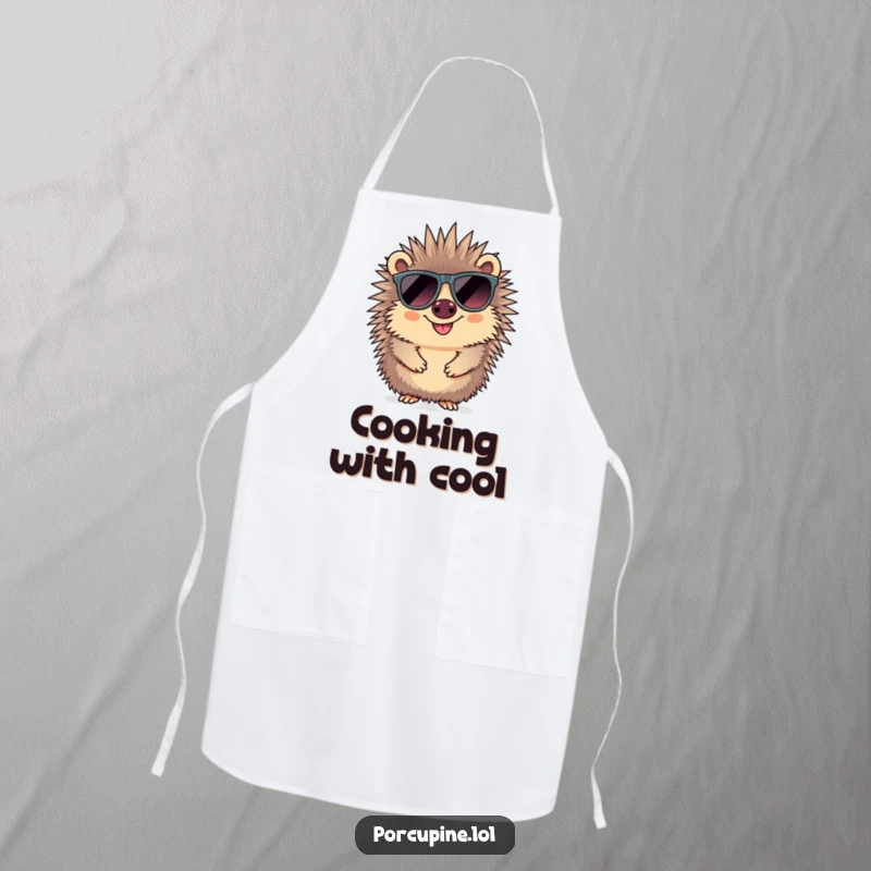 Funny sunglasses porcupine apron showing a smiling porcupine wearing large sunglasses, practical for kitchen use and stylishly cool.