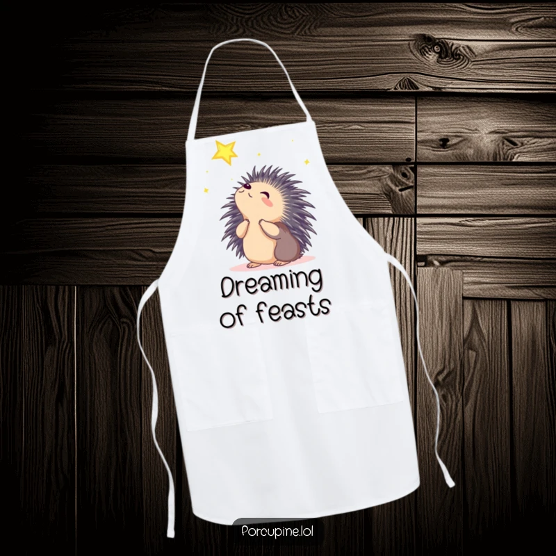 Funny wondering porcupine apron featuring a porcupine looking up at a shining star with wonder, adding magic to kitchen duties.