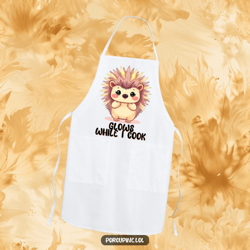 Funny apron illustration of a porcupine with softly glowing quills, adding a magical and humorous element to kitchen tasks.