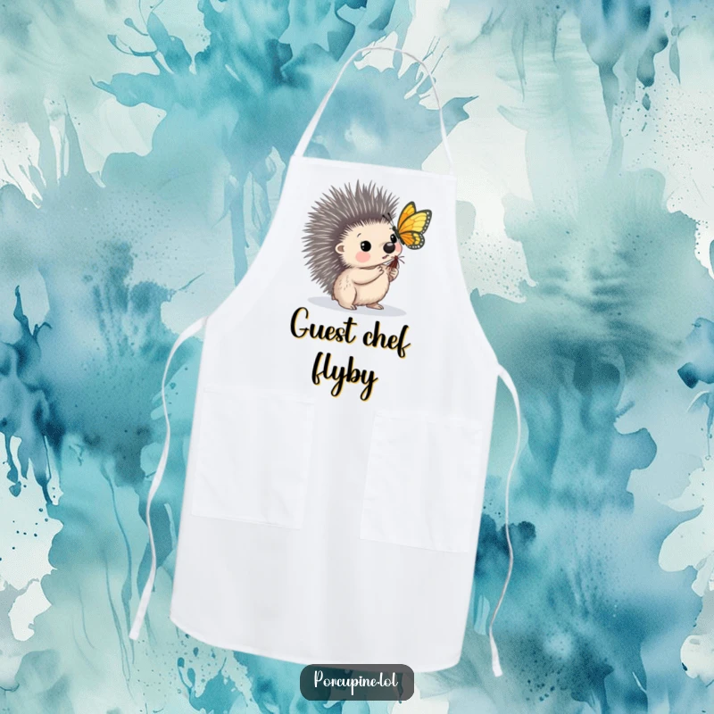 Funny apron featuring a porcupine looking intrigued as a butterfly lands on its quill, inspiring curiosity.