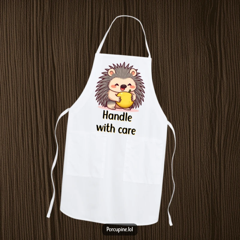 Funny apron showing a smiling porcupine comically balancing a small fruit on its quills while cooking, adding humor to the kitchen.