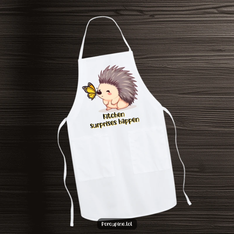 Funny porcupine apron showing a porcupine with a surprised expression as a butterfly lands on it, ideal for humorous cooking.