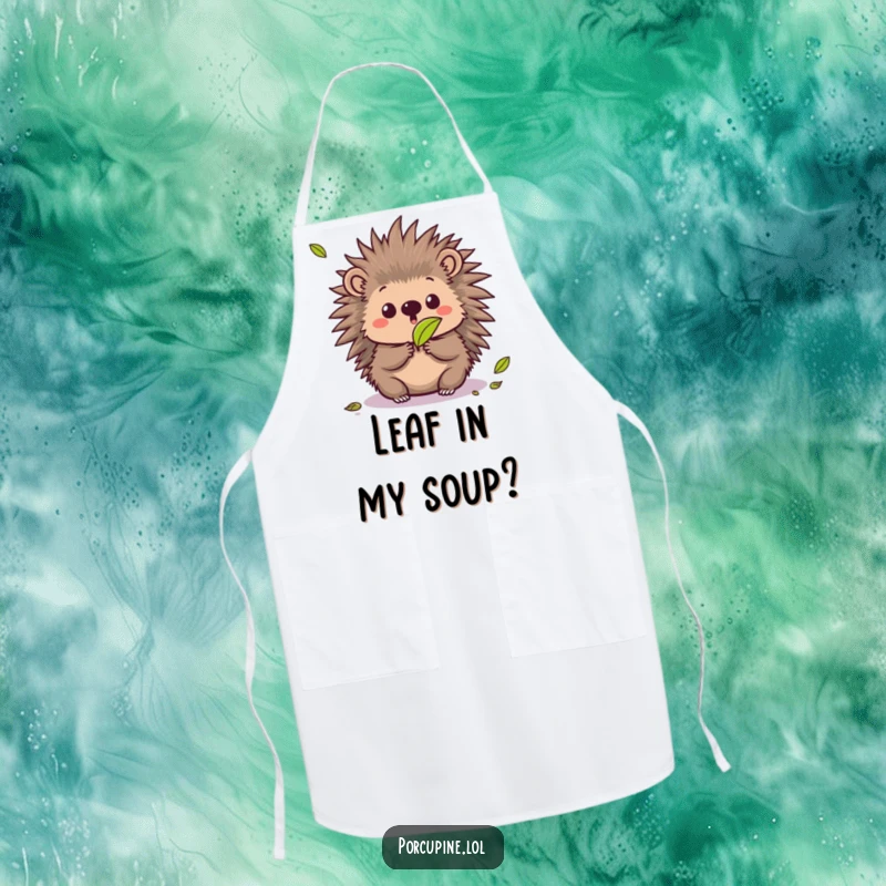 Funny apron showing a kawaii porcupine with a surprised expression at a falling leaf, a humorous kitchen essential.