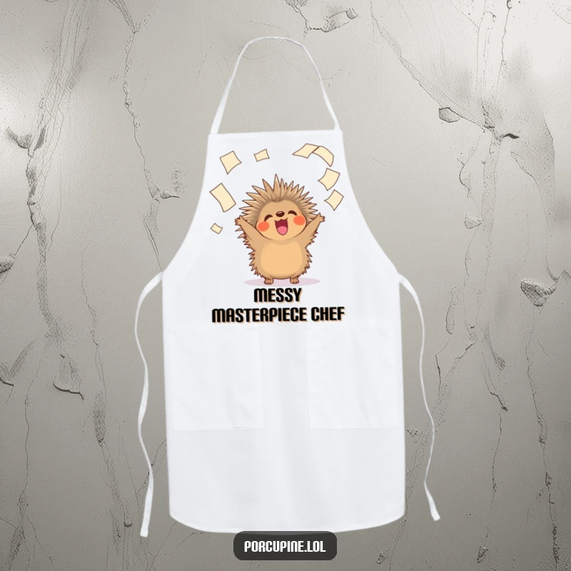 Funny apron featuring a cheerful porcupine enthusiastically tossing papers, ideal for a messy but joyful cooking experience.