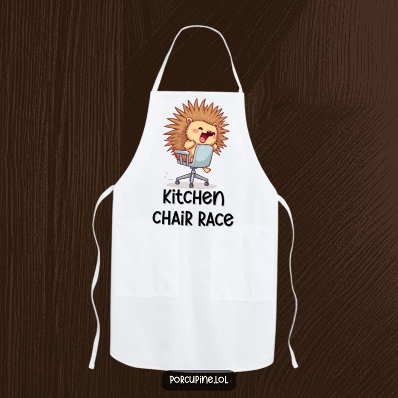 Funny porcupine apron showing a porcupine excitedly riding a runaway rolling office chair, great for cooks.