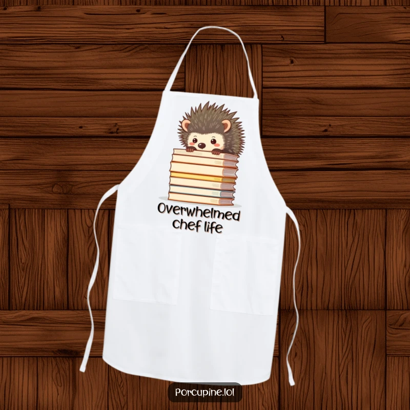 Funny apron featuring a porcupine peeking over a towering stack of files, perfect for a lighthearted approach to tasks.