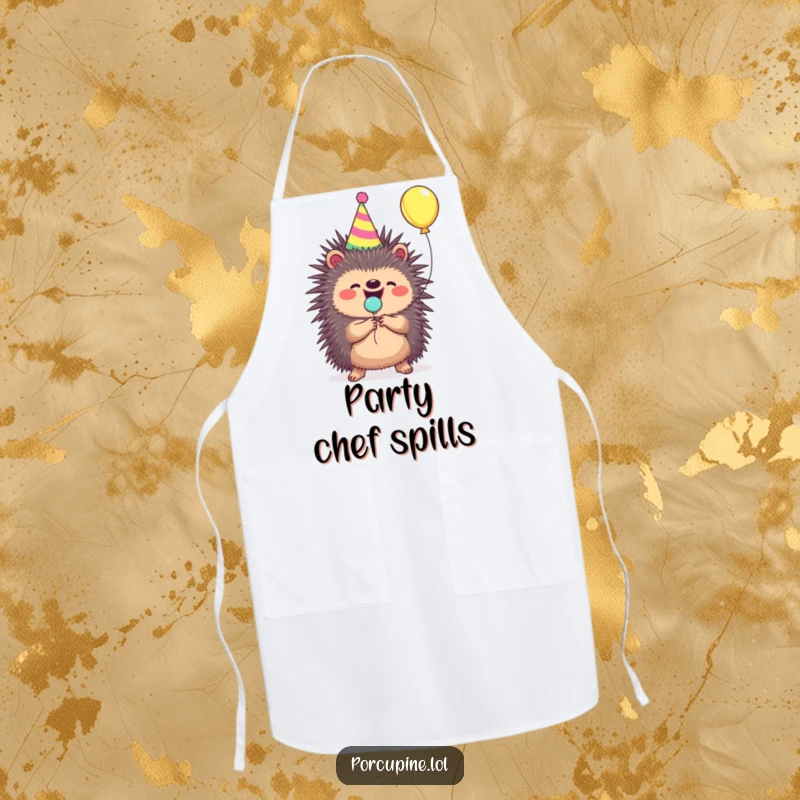 Funny porcupine apron with a party hat, joyfully popping a balloon, great for celebratory cooking.