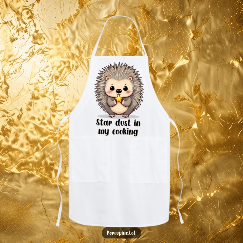 Funny Porcupine Apron: Kitchen wear featuring a porcupine balancing a tiny, shimmering star on its nose with hilarious concentration, ideal for ambitious cooks.
