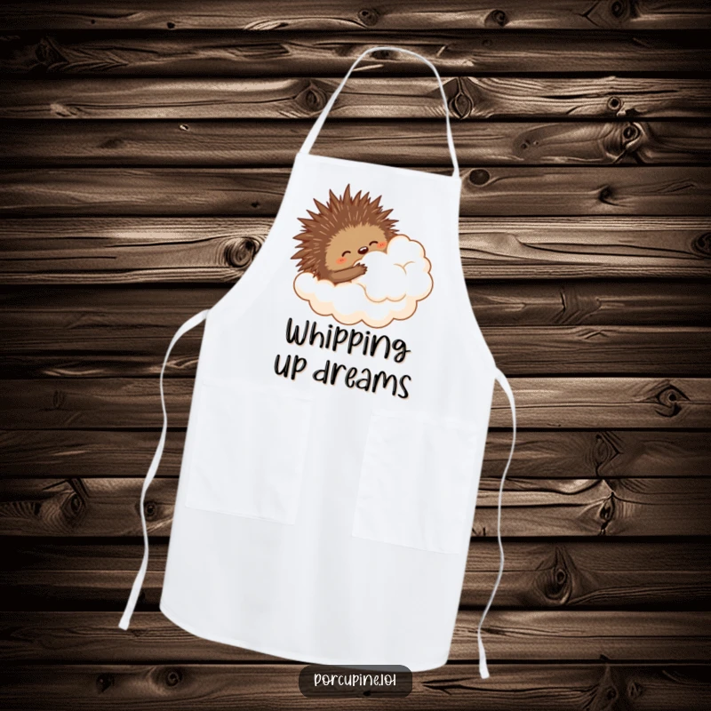 Funny apron illustration of a porcupine comically trying to hug a cloud, adding a humorous and ambitious touch to cooking.