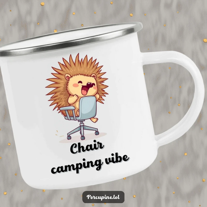 Funny porcupine camping mug showing an excited porcupine riding a runaway rolling office chair, durable and amusing.