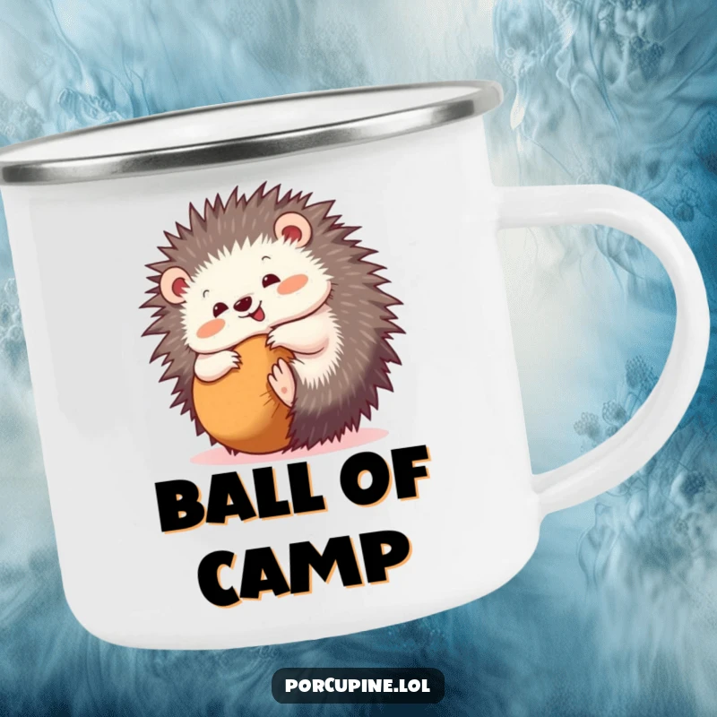 Funny camping mug showing a porcupine joyfully rolling into a ball, perfect for outdoor lovers with a sense of humor.
