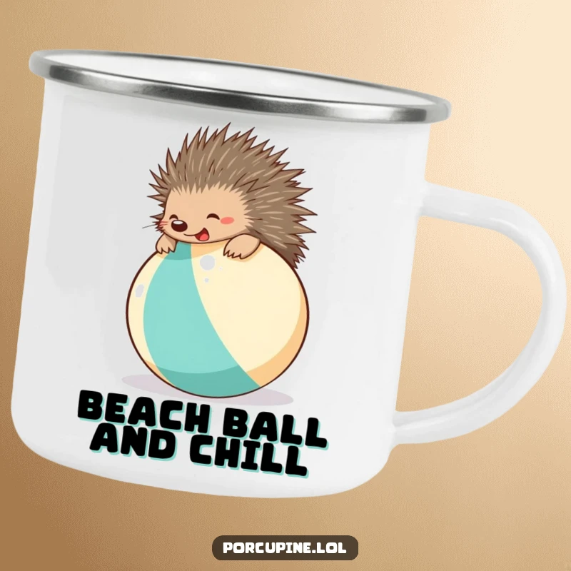 Funny beach ball porcupine camping mug showcasing a happy porcupine bouncing on a beach ball, ideal for outdoor adventures and warm drinks.