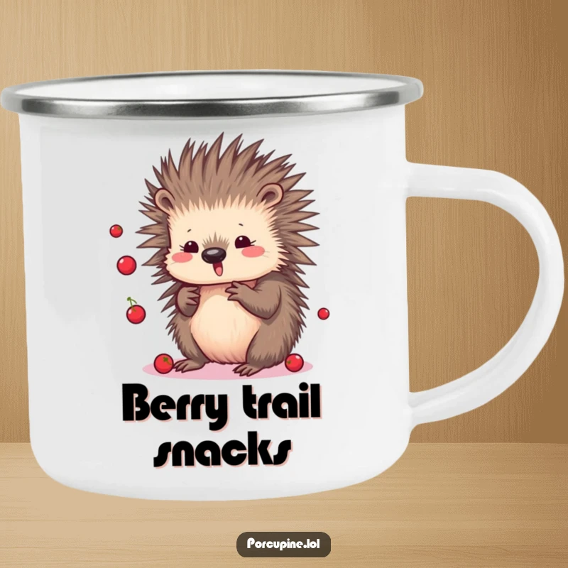 Funny Kawaii Porcupine Camping Mug: Sturdy and cute cartoon porcupine juggling berries, perfect for hot or cold drinks in the great outdoors.