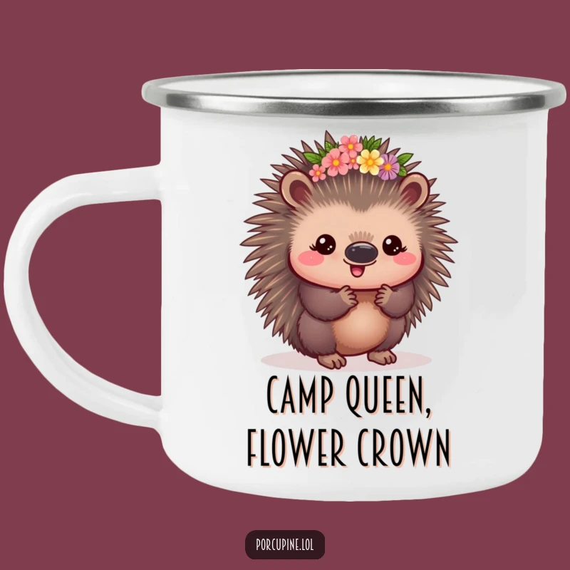 Funny Kawaii Porcupine Flower Crown Camping Mug: Enjoy Brews with Prickly Floral Charm