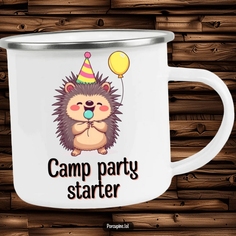 Funny porcupine camping mug wearing a party hat, joyfully popping a balloon, durable and festive.