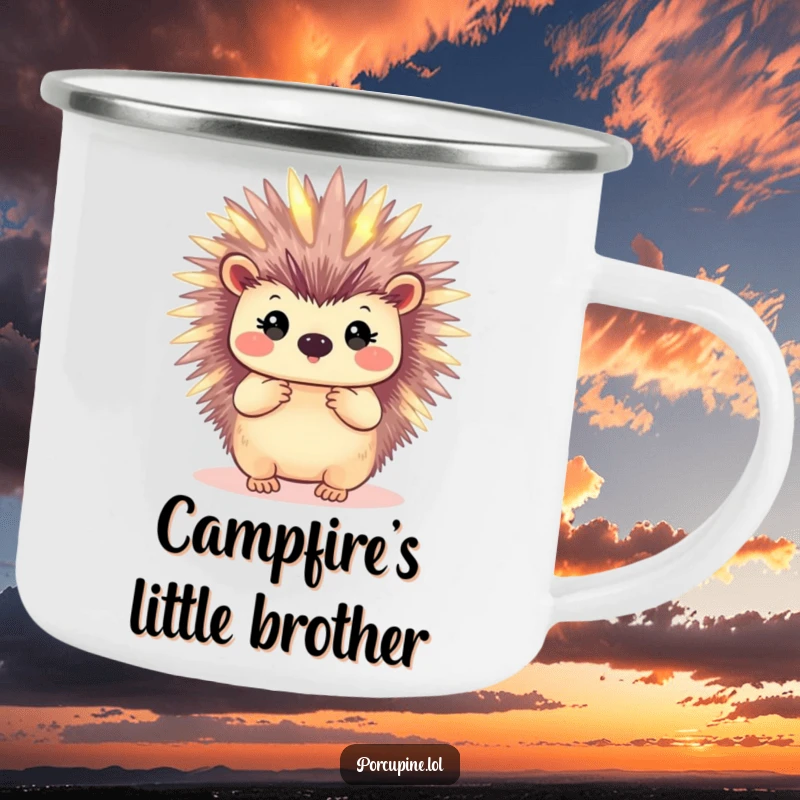 Funny camping mug featuring a porcupine with softly glowing quills, adding a magical and humorous element to outdoor trips.