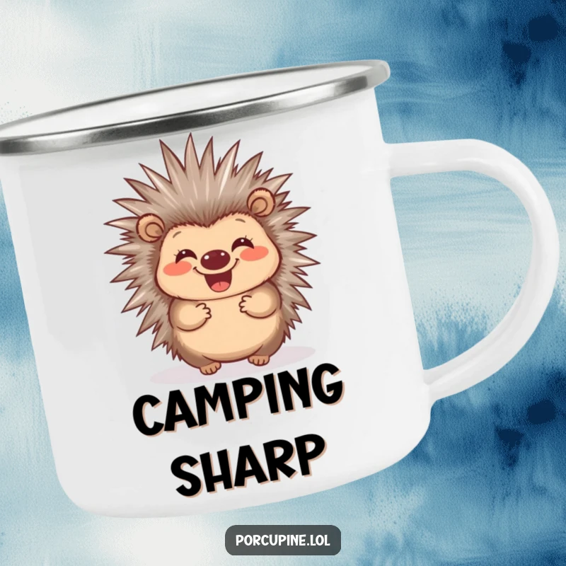 Funny Porcupine Quill Camping Mug: A happy porcupine wiggling its quills, ready for funny outdoor adventures.
