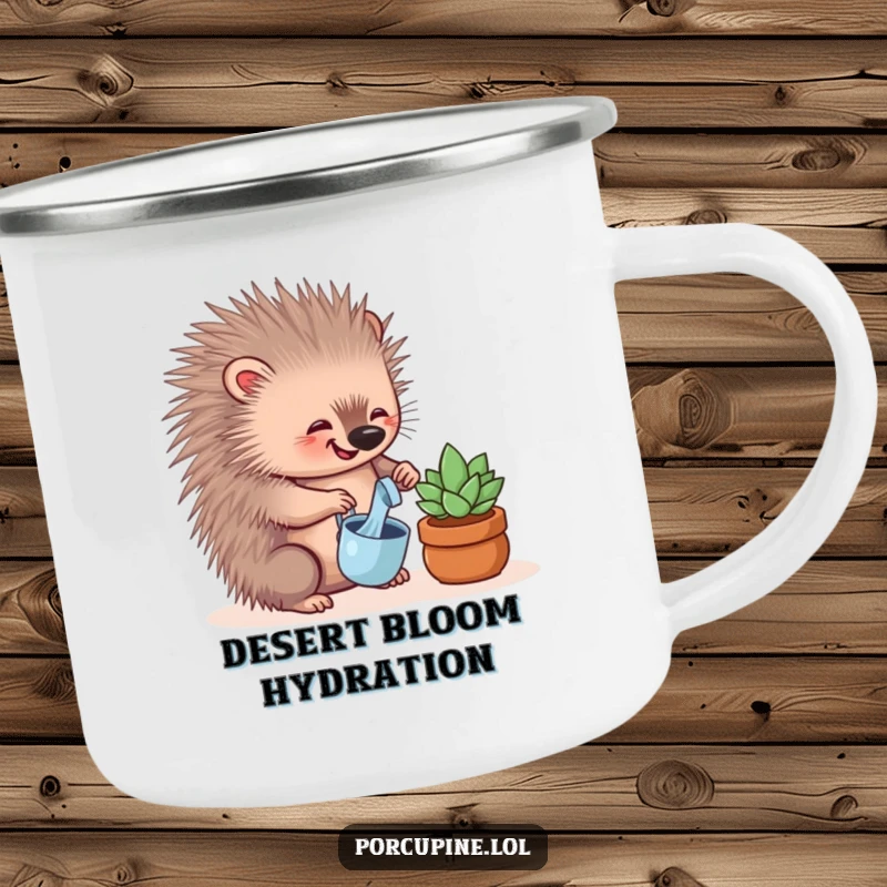 Funny camping mug featuring a porcupine gleefully watering a tiny succulent, ideal for outdoor enthusiasts who appreciate humor.