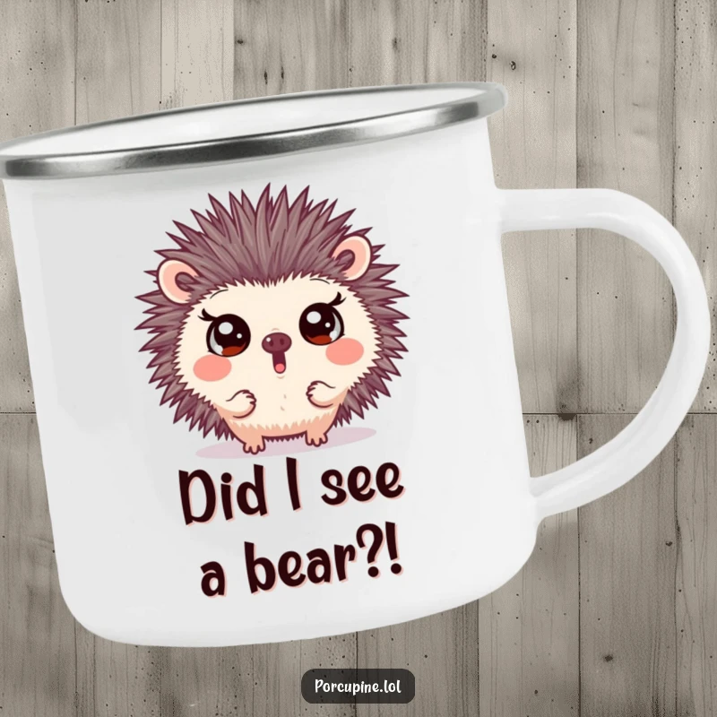 Funny camping mug with a porcupine making a surprising face and wide eyes, adding cheerful humor and a sense of comical shock to outdoor trips.