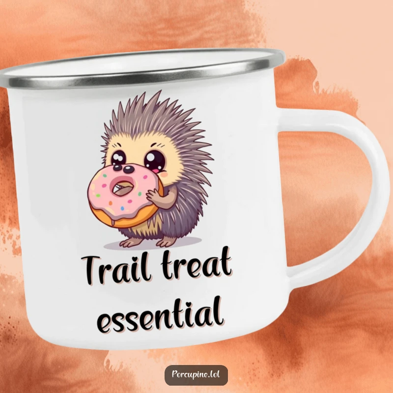 Funny camping mug with a porcupine sporting huge eyes holding a giant donut, ideal for sweet treats and outdoor fun.