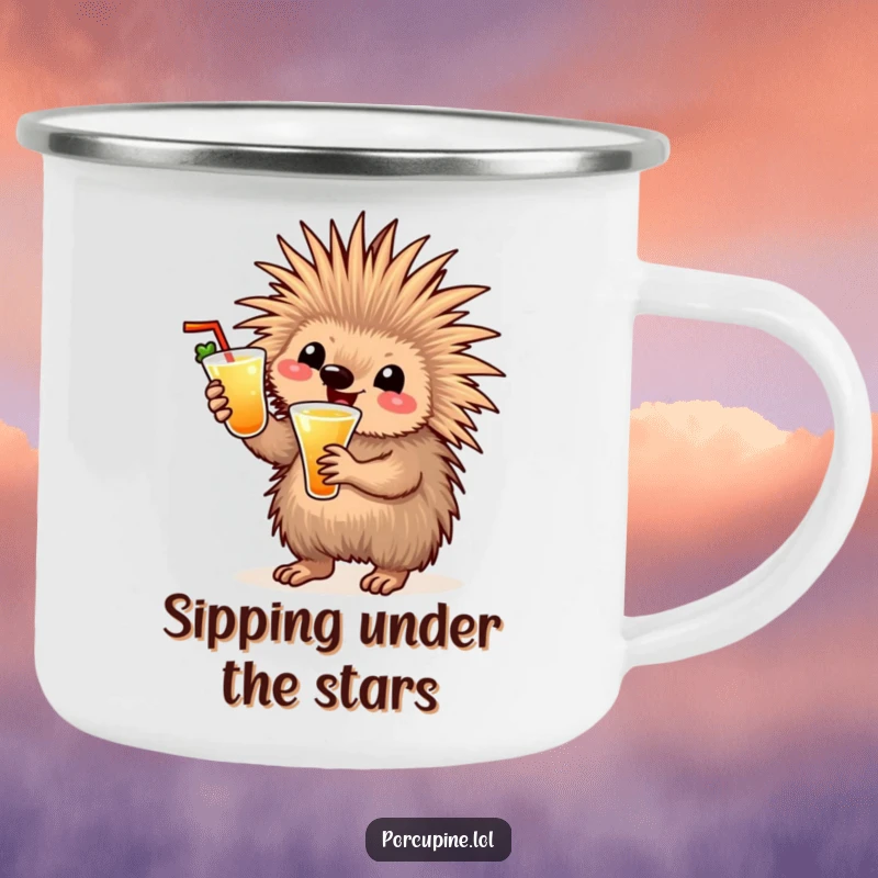 Funny cocktail porcupine camping mug featuring a happy porcupine with a drink, waving enthusiastically, perfect for outdoor toasts and adventures.