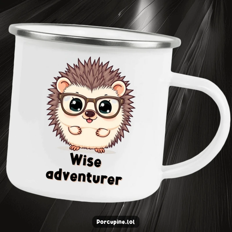 Funny camping mug showing a porcupine wearing oversized glasses and peering curiously, perfect for outdoor thinkers with a sense of humor.